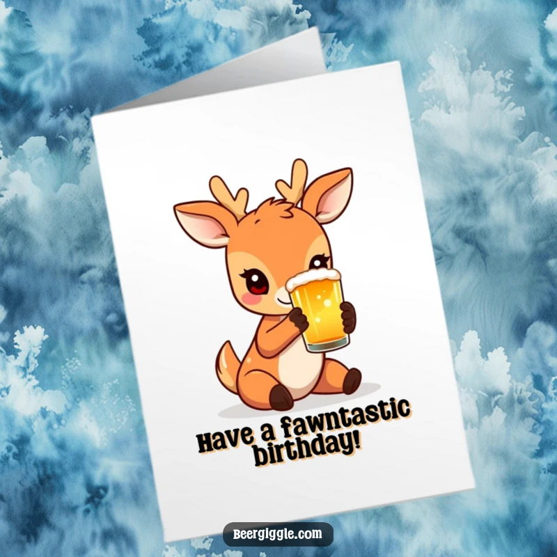 Funny Free Printable Birthday Card: Charming deer delicately holding a small, frothy beer glass.
