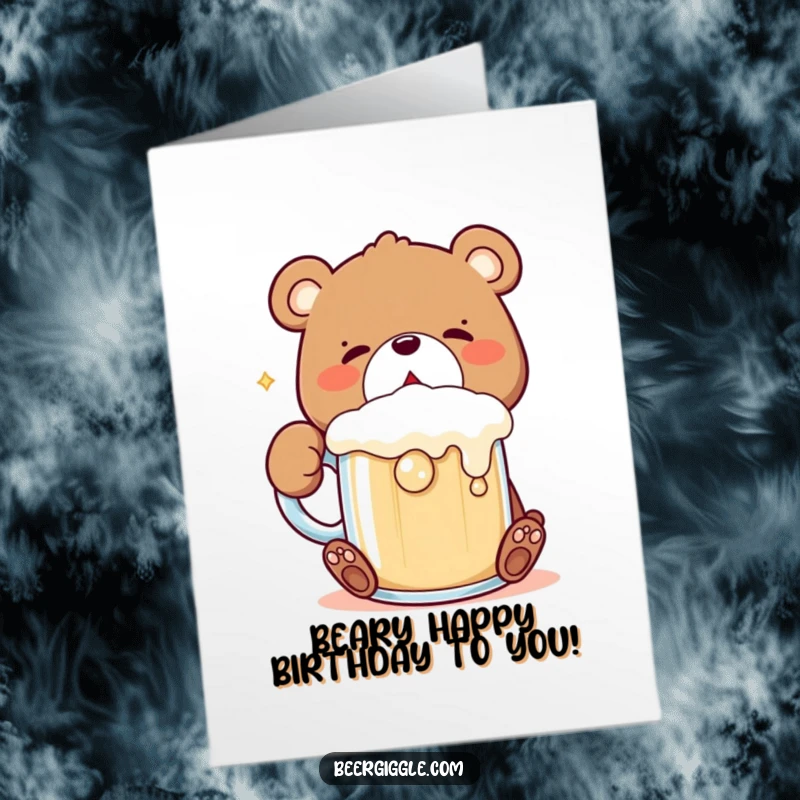 Funny Free Printable Birthday Card: Cute kawaii bear gulps frothing mug, a happy party animal celebrating big.