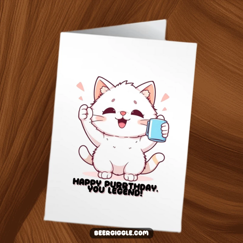 Funny Free Printable Birthday Card: Fluffy kawaii cat cheers aloft with a mug, a party feline celebrating joyously.