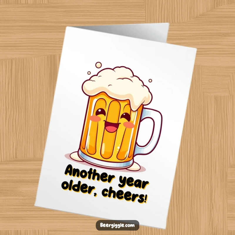 Funny Free Printable Birthday Card featuring a kawaii beer mug character overflowing with a cheerful grin, ready to party.