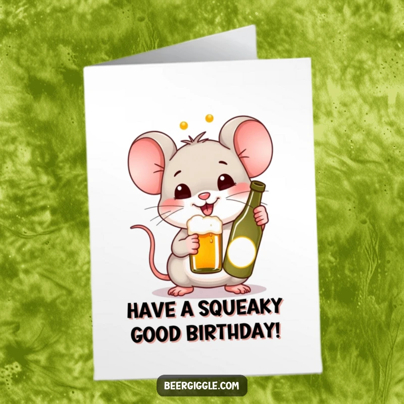 Funny Free Printable Birthday Card of a happy Kawaii mouse raising a tiny bottle of beer in a cheerful toast.