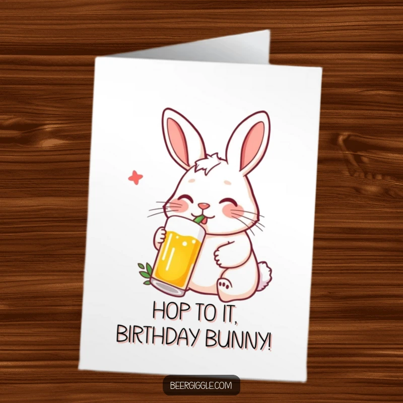 Funny Free Printable Birthday Card: A content rabbit happily sips beer through a straw from a bottle, enjoying the celebration.