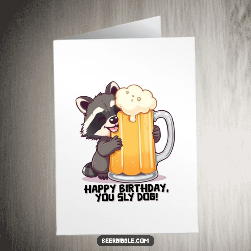 Funny Free Printable Birthday Card: Grinning Raccoon Sneaking Sip from Giant Frothy Beer Mug