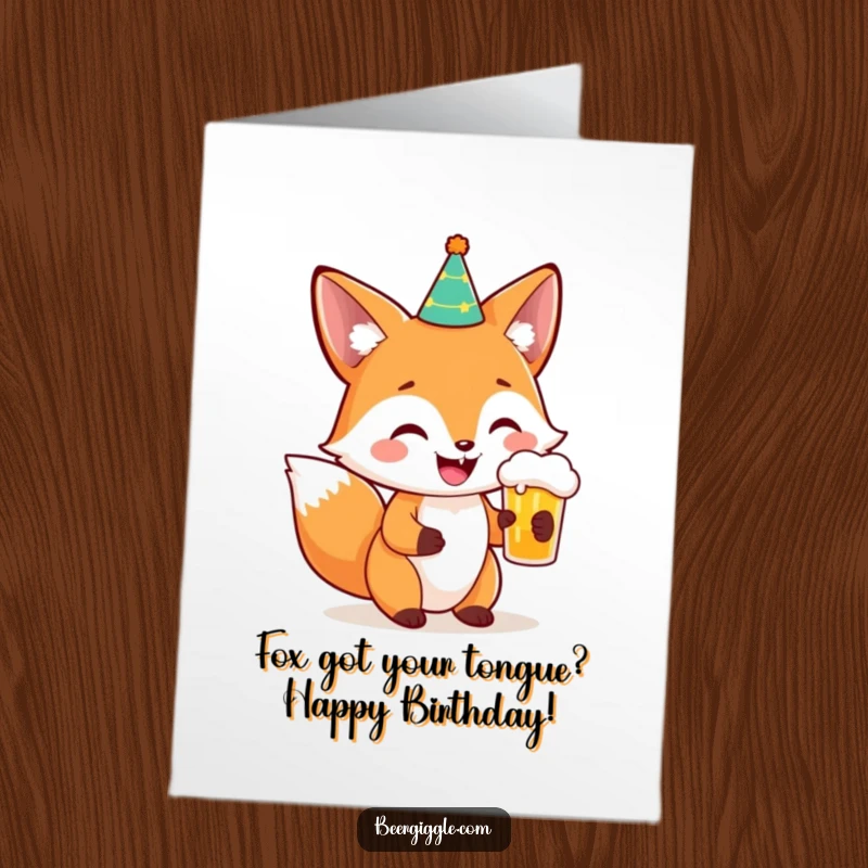 Funny Free Printable Birthday Card: Smiling fox in party hat holding beer, ready for laughs.