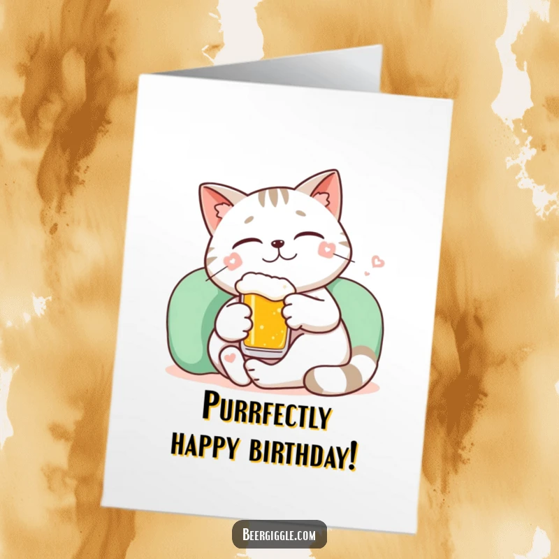 Funny free printable birthday card: A kawaii cat lounging peacefully with a tiny beer and a serene smile.