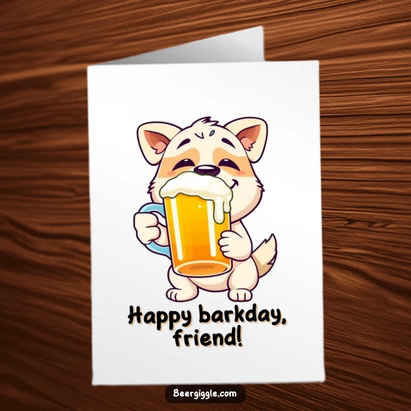 Funny Free Printable Birthday Card featuring a happy dog gleefully chugging from a beer mug.