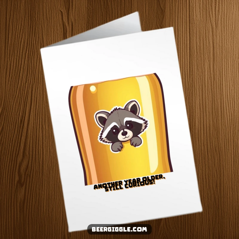 Funny Free Printable Birthday Card: A curious raccoon peeks over a giant beer bottle, ready to party.
