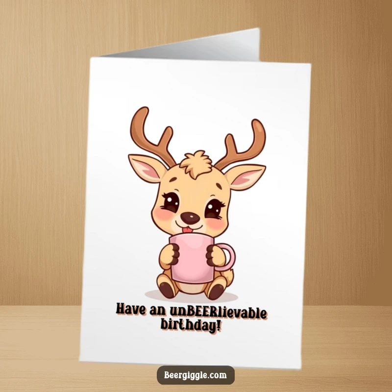 Funny Free Printable Birthday Card: A happy deer smiles warmly, holding a mug adorned with its own antlers.