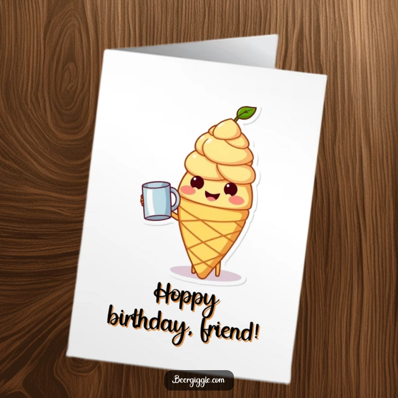 Funny Free Printable Birthday Card: A smiling hops cone character happily raising a tiny mug for a birthday toast.