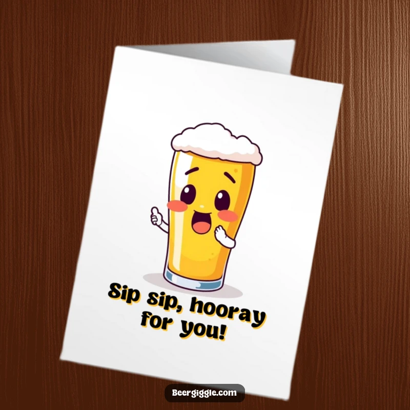 Funny Free Printable Birthday Card: An excited pint glass character poised to take a refreshing sip, ready for fun.