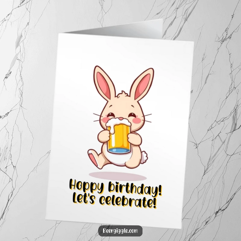 Funny Free Printable Birthday Card: A whimsical rabbit happily hops with a beer mug, ready to celebrate your special day.