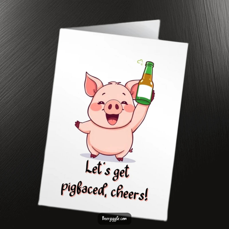 Funny Free Printable Birthday Card: A gleeful pig character triumphantly holds a beer bottle high in celebration.