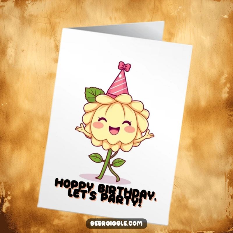 Funny Free Printable Birthday Card of a cheerful hops flower wearing a tiny party hat and dancing happily.