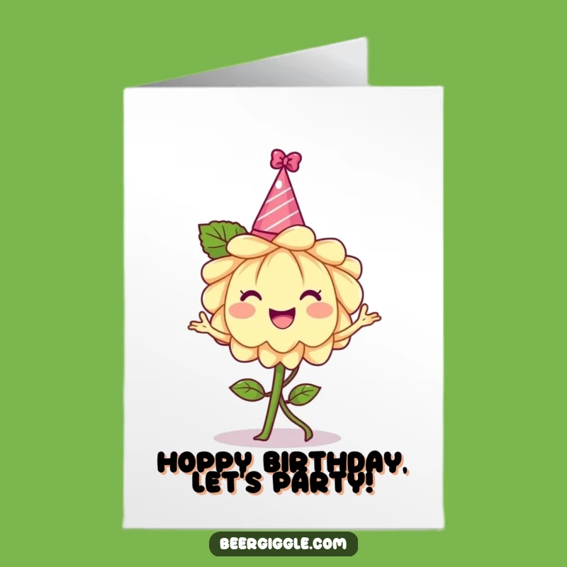 Free Printable Hops Flower Birthday Card: Dancing Party Hat Design for Downloadable Gift