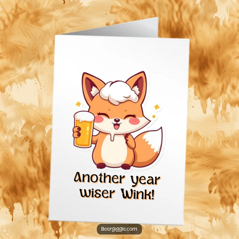 Funny free printable birthday card: A kawaii fox joyfully blowing out birthday candles and grinning.