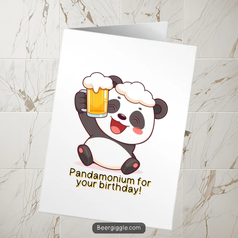 Funny Free Printable Birthday Card featuring a cheerful panda raising a frothy beer stein with a big grin.
