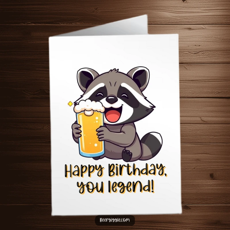 Funny free printable birthday card: A kawaii raccoon with a huge grin savoring a frothy beer.