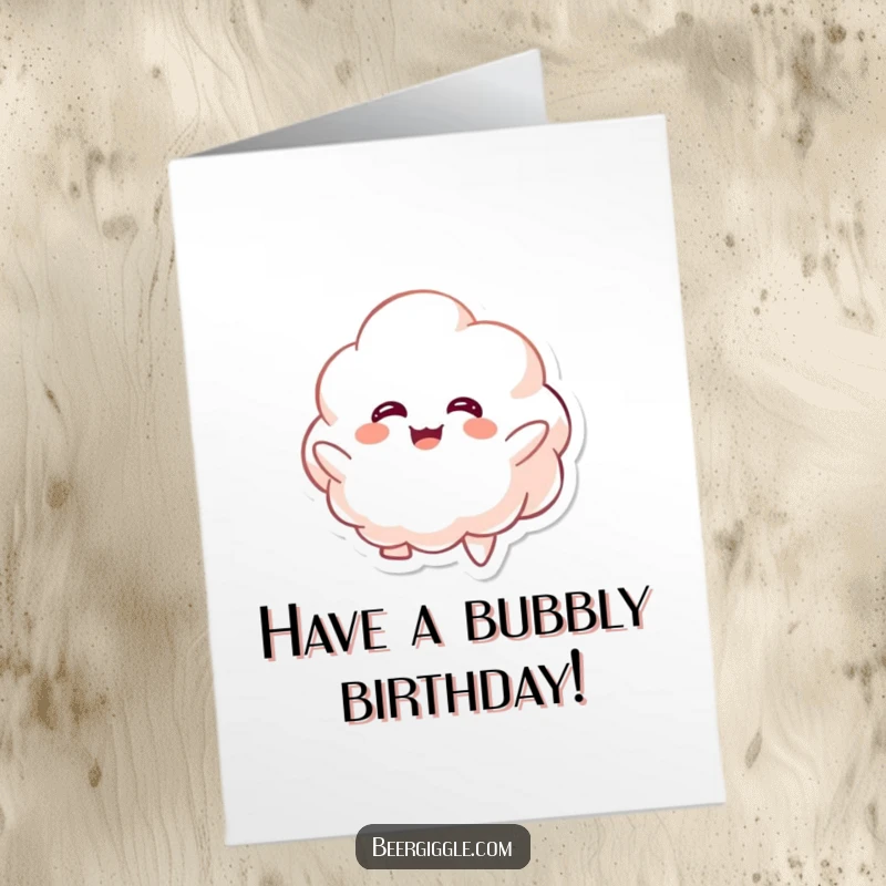 Funny Free Printable Birthday Card featuring a kawaii foamy character giggling while floating upwards, spreading birthday cheer.