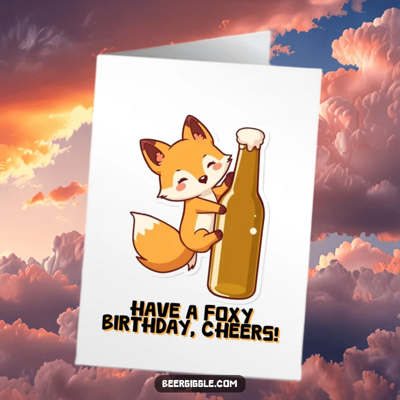 Funny Free Printable Birthday Card: Charming kawaii fox slides down a beer bottle, a playful party-goer.