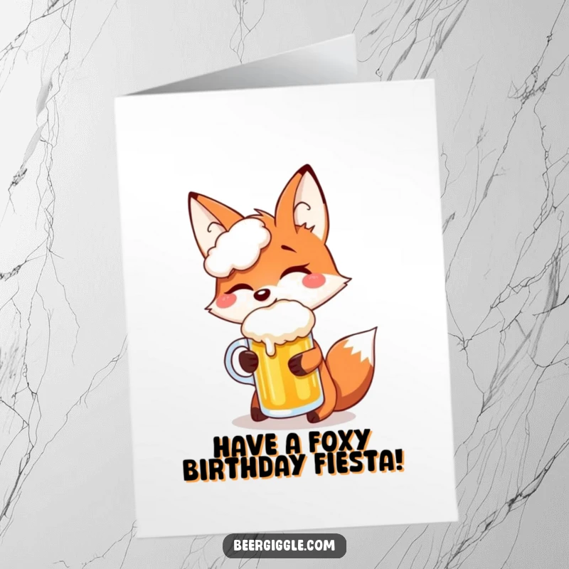 Funny Free Printable Birthday Card: Giggling Fox Attempting to Balance Frothy Beer on Snout