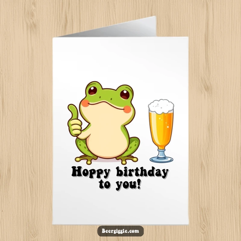 Funny Free Printable Birthday Card with a beaming Kawaii frog giving a thumbs up next to a beer glass, celebrating.