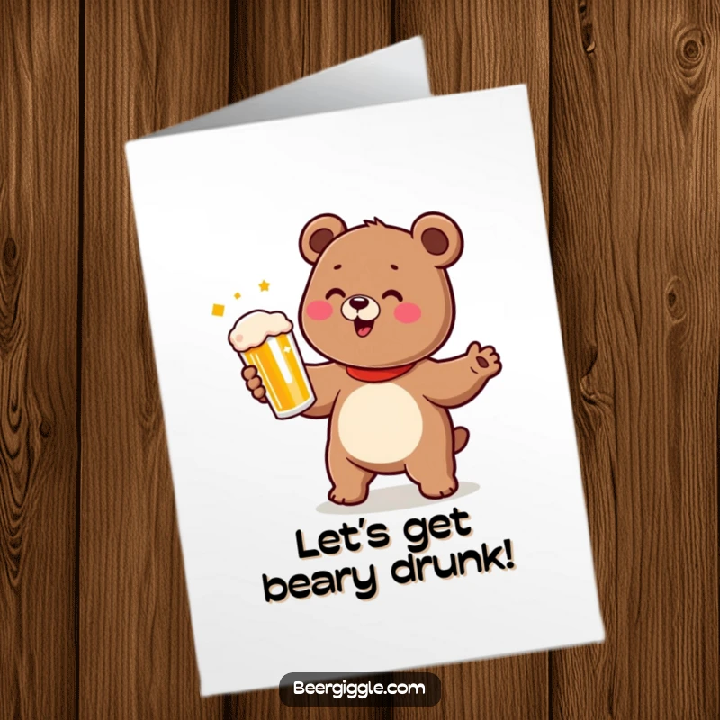 Funny Free Printable Birthday Card featuring a cute bear doing a happy dance while holding a beer.