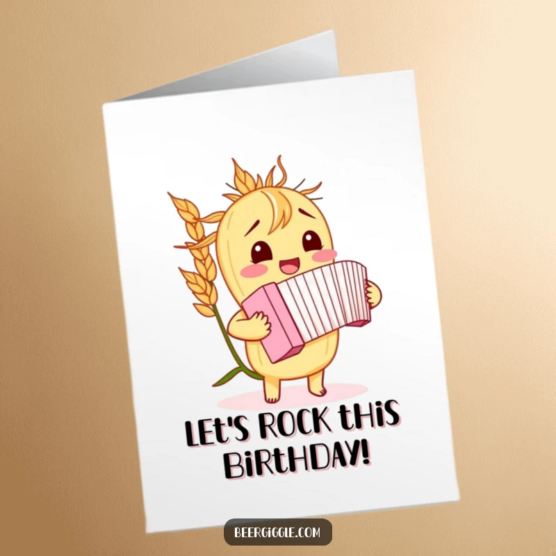 Funny Free Printable Birthday Card of a giggling barley stalk enthusiastically playing a tiny accordion, full of merriment.
