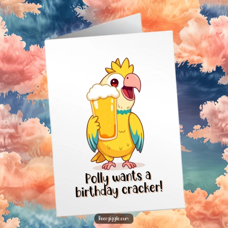 Funny Free Printable Birthday Card: Happy parrot mimics a toast with a frothy beer.