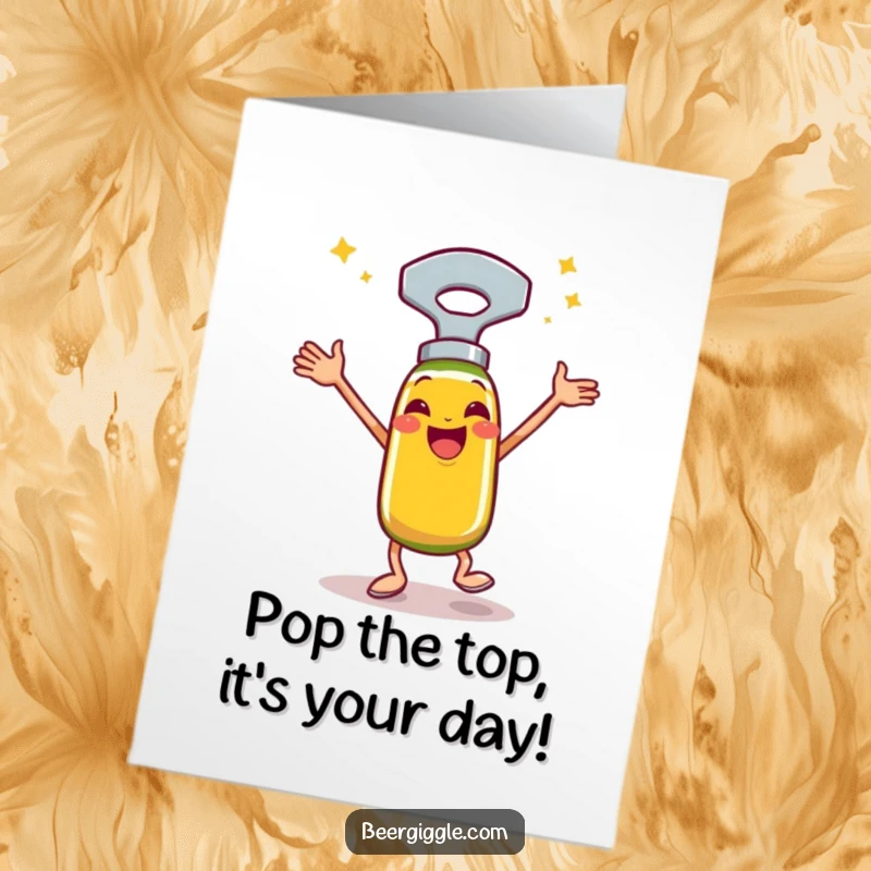 Funny Free Printable Birthday Card showing a happy bottle opener performing a lively celebratory jig, ready to party.