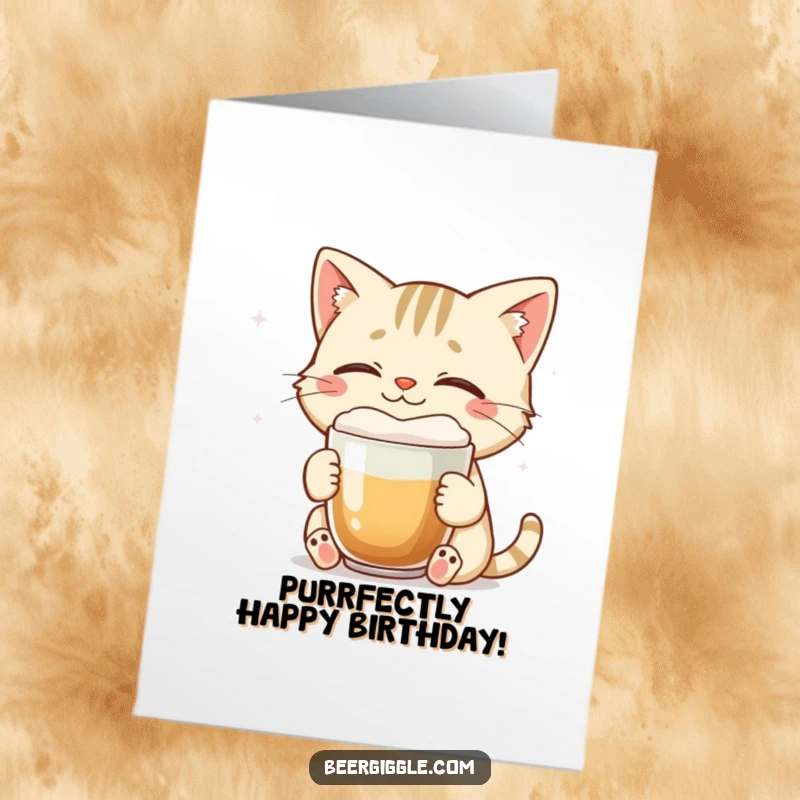 Funny Free Printable Birthday Card of a smiling cat with eyes closed, blissfully enjoying a foamy brew.