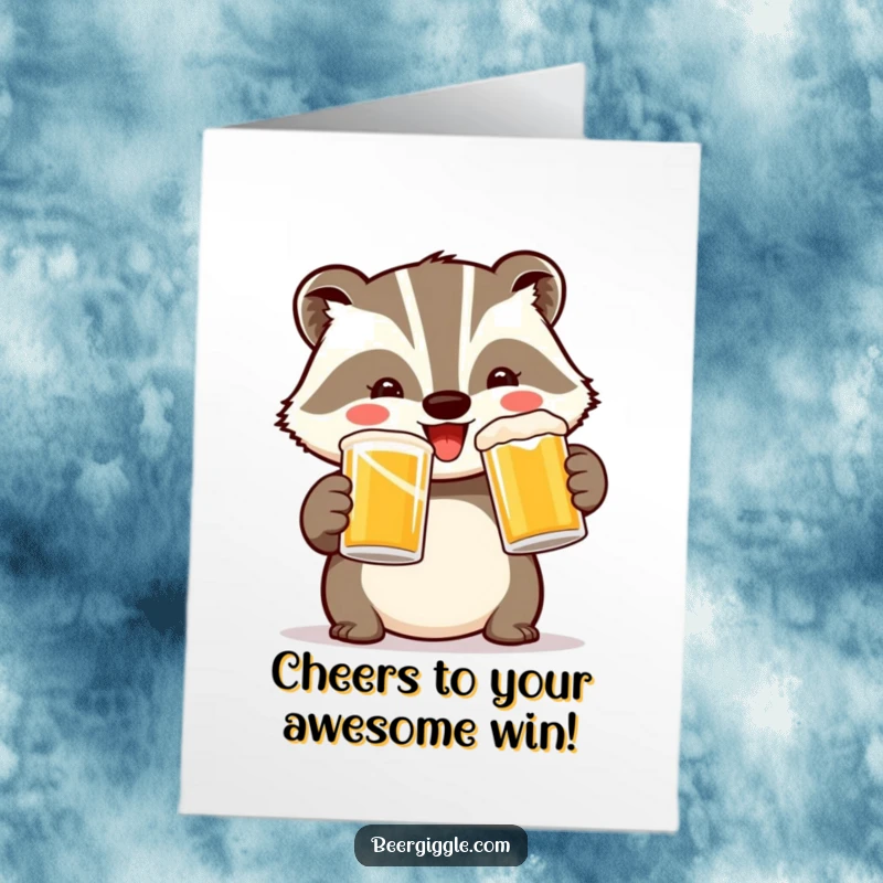 Funny Free Printable Congratulations Card: Happy badger raises mugs in a celebratory toast for good news.