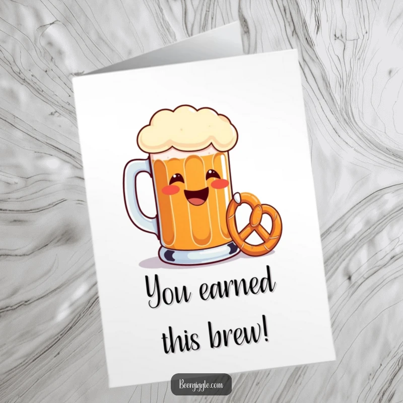 Funny Free Printable Congratulations Card with a grinning beer mug toasting a pretzel, perfect for celebrating success.