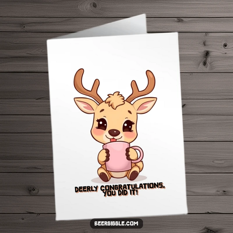Funny Free Printable Congratulations Card: A happy deer smiles, holding a mug featuring antlers, cheers to your success.