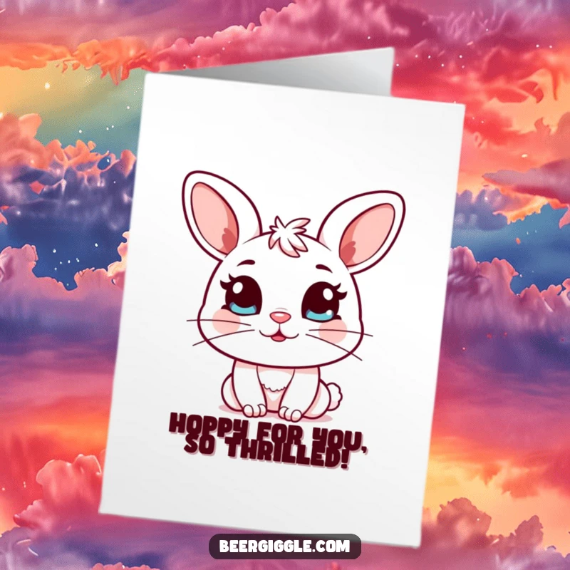 Funny Free Printable Congratulations Card: Sweet kawaii bunny winks slyly with a full mug, celebrating a win.