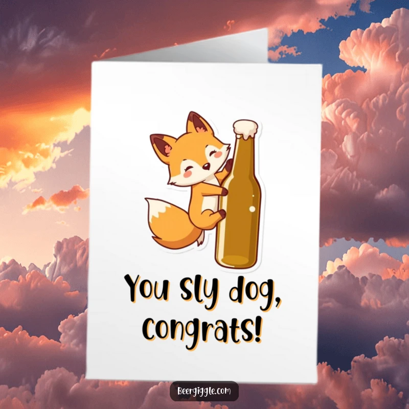 Funny Free Printable Congratulations Card: Charming kawaii fox playfully slides down a beer bottle in celebration.