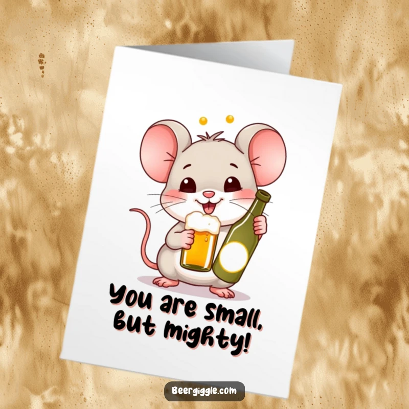 Funny Free Printable Congratulations Card showing a happy Kawaii mouse cheering with a tiny bottle of beer, celebrating achievement.