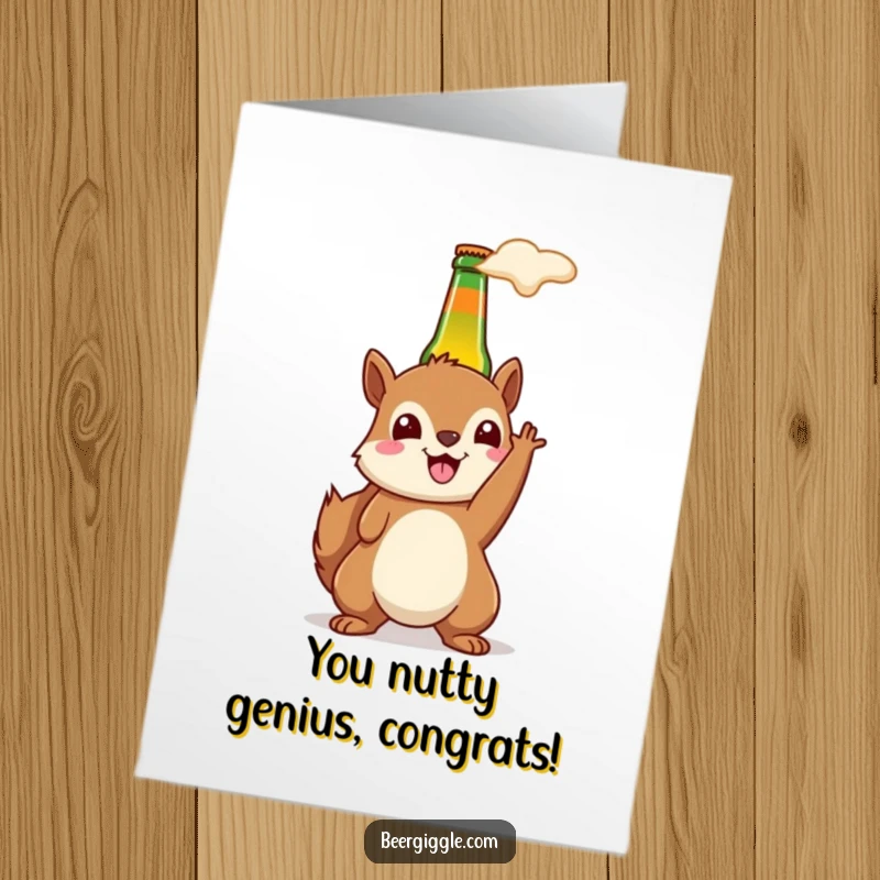 Funny Free Printable Congratulations Card with a happy kawaii squirrel grinning and holding a beer bottle aloft, celebrating.