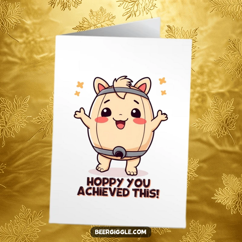 Free printable congratulations card showing a keg enthusiastically dancing its bum, celebrating any achievement with humor.