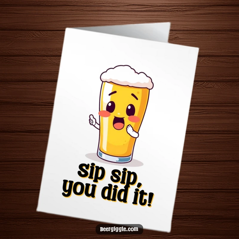 Funny Free Printable Congratulations Card: An excited pint glass about to take a sip, celebrating good news.
