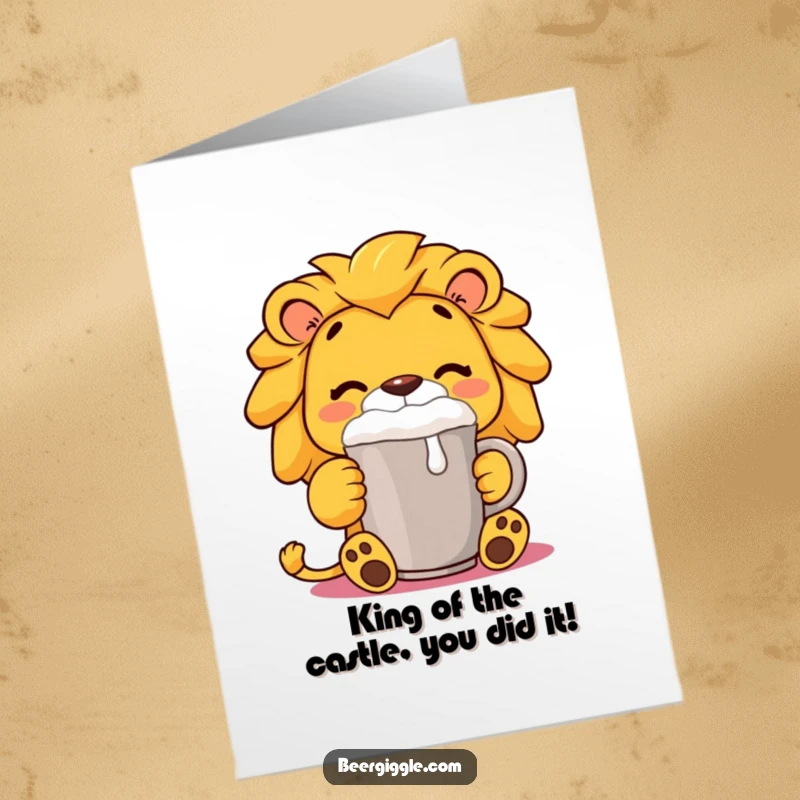 Funny Free Printable Congrats Card: A content lion sips from a foaming mug, signifying sophisticated celebration.