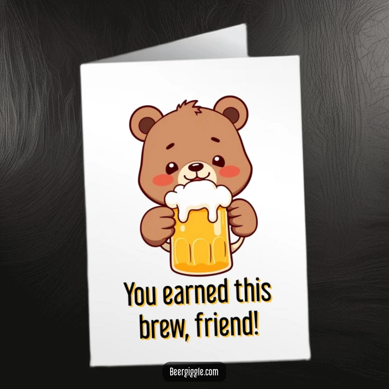 Funny free printable congratulations card with a happy bear character toasting with a frothy beer mug for a big win.
