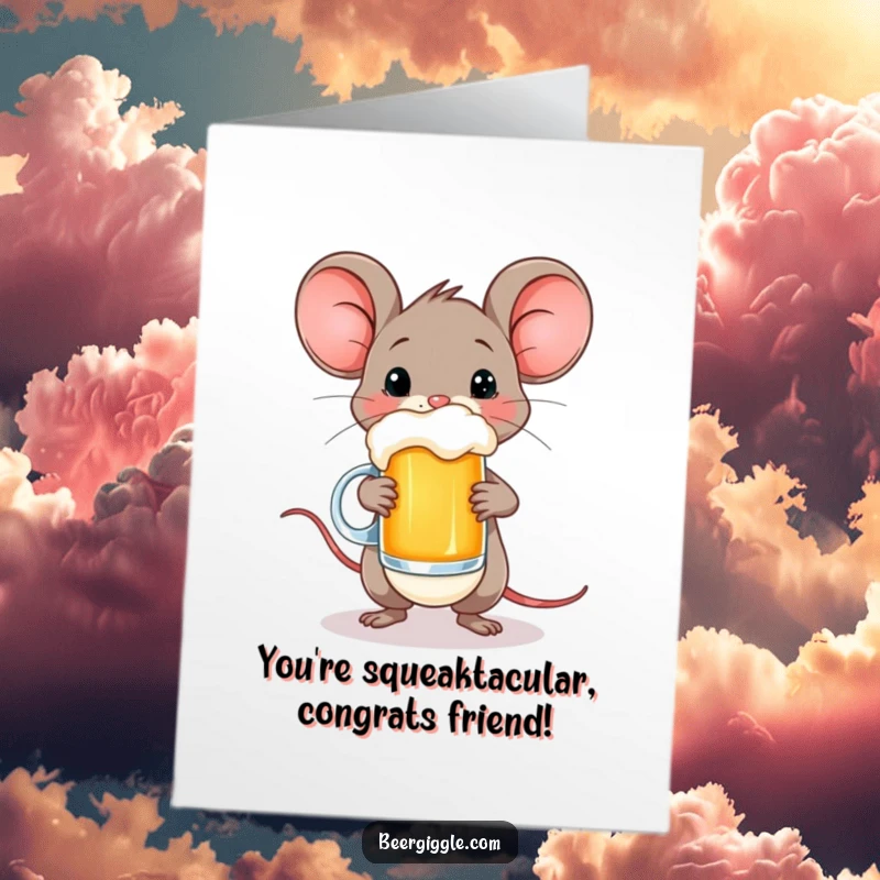Funny Free Printable Congratulations Card: A happy mouse balances a tiny beer mug, celebrating an achievement.