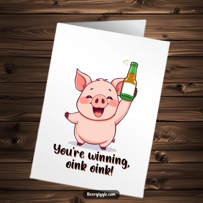 Funny Free Printable Congratulations Card: A gleeful pig character joyfully holds a beer bottle aloft, celebrating a win.