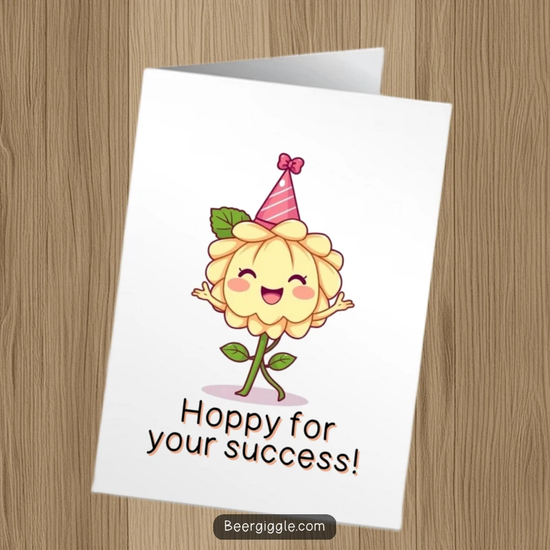 Funny Free Printable Congratulations Card showing a cheerful hops flower in a party hat, dancing to celebrate achievements.