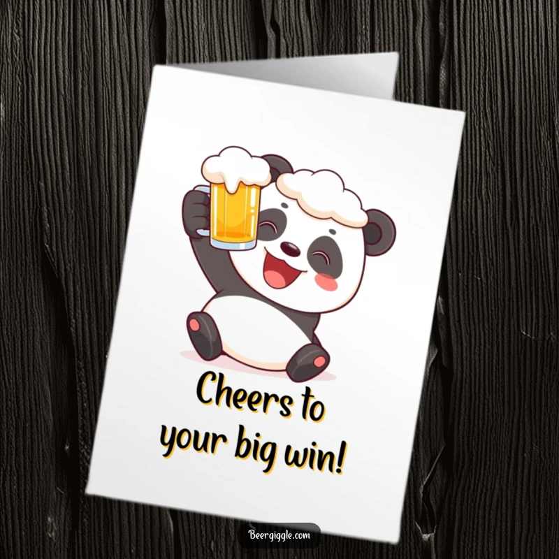 Funny Free Printable Congratulations Card showing a happy panda holding a frothy beer stein and grinning.