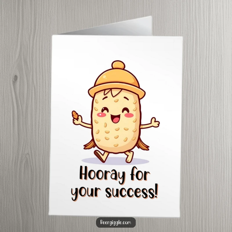 Funny Free Printable Congratulations Card with a kawaii barley character joyfully marching with a mini foam hat, celebrating success.