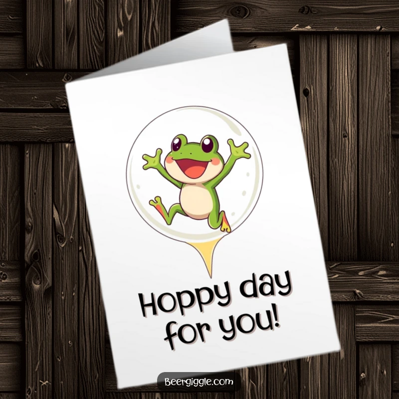 Funny Free Printable Congratulations Card: A happy frog makes a triumphant leap into a huge beer bubble, signifying a great success.