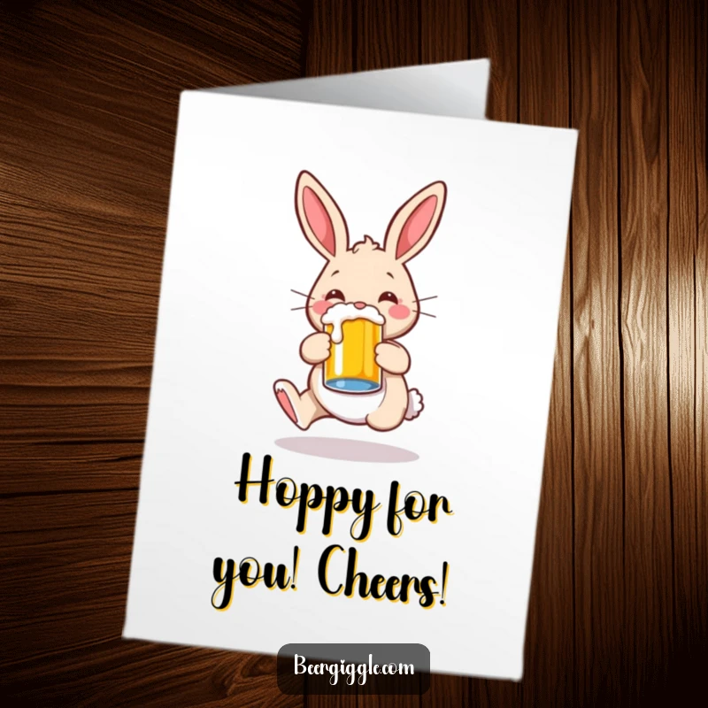 Funny Free Printable Congratulations Card: A whimsical rabbit hops with a beer mug, joyfully toasting to your success.
