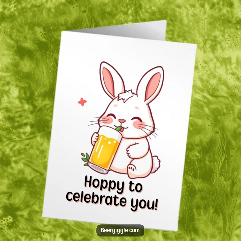 Funny Free Printable Congratulations Card: A relaxed rabbit is enjoying a beer via a straw, celebrating a well-deserved win.