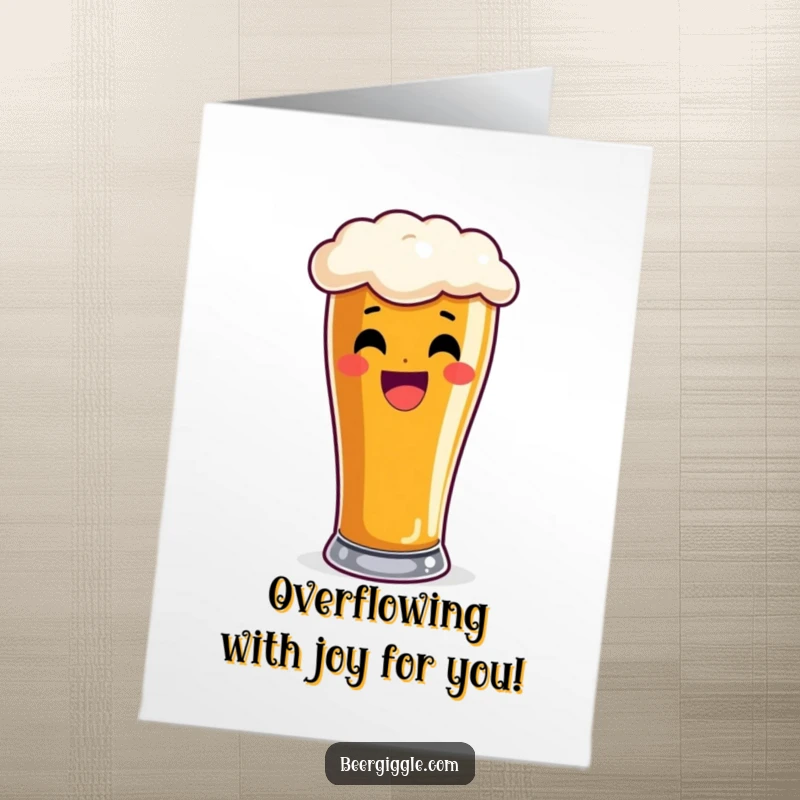 Funny Free Printable Congratulations Card with a delighted pint glass overflowing with frothy beer, perfect for celebrations.